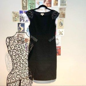KAREN MILLEN BOAT NECK SILK ACCENT EMBELLISHED SHEATH DRESS KNEE LENGTH BLACK 8